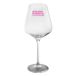 A clear wine glass with a wide bowl and tall stem, featuring a logo in pink.