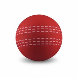 A red high bounce cricket ball with white stitching patterns and a smooth surface. The ball features a logo.
