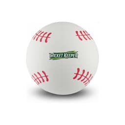 A white high-bounce baseball featuring red stitching and a logo.