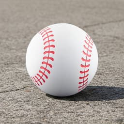 A high bounce baseball in white with red stitching, resting on a grey surface. The product has a logo.