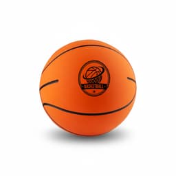 An orange basketball with black lines and a logo printed on it.