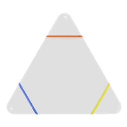A triangular highlighter with orange, blue, and yellow accents on a white body. It has a logo on the surface.
