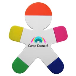 A highlighter shaped like a colourful gingerbread man featuring orange, pink, yellow, green, and blue segments with a logo.