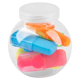 A jar filled with highlighters in various bright colours, including blue, pink, orange, and green. The jar has a white lid.