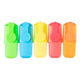 A set of five highlighters in green, blue, yellow, pink, and orange, featuring a circular end and a clip for attachment.