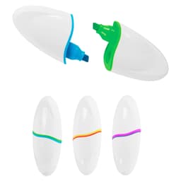 An oval highlighter set featuring vibrant green, blue, orange, and purple tips in a sleek white casing with branding.
