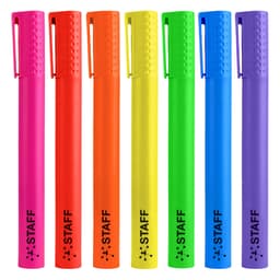 A set of jumbo highlighter pens in vibrant colours: pink, orange, yellow, green, blue, and purple, featuring branding.