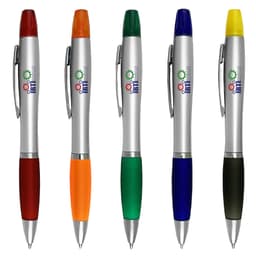 A set of five Pizzaz Pen Highlighters in red, orange, green, blue, and black with silver barrels and a logo.