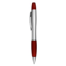 A highlighter pen with a silver body and red grip, featuring a clip and a rounded red cap.