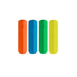 A triangle highlighter set featuring orange, blue, green, and yellow highlighters, with a logo on the packaging.