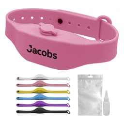A pink wristband hand sanitiser dispenser with a logo, alongside a variety of coloured bands and a small bottle.