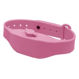 A pink wristband hand sanitiser dispenser with a button mechanism and adjustable strap. It features a logo.