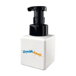 A square white foaming soap dispenser with a black pump top, featuring a logo on the front.