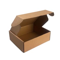 A brown cardboard box with an open lid, displaying an empty interior.