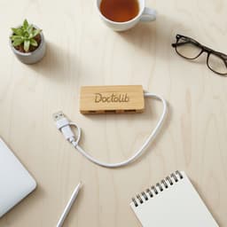 A bamboo USB hub with a white cable, placed on a wooden surface alongside a cup, notebook, and glasses.