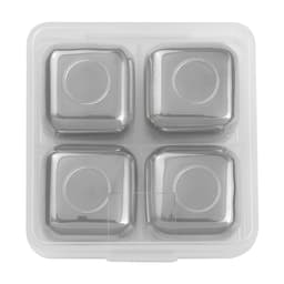 A set of four silver whiskey ice cubes in a clear plastic storage box. Each cube is square-shaped with rounded edges.