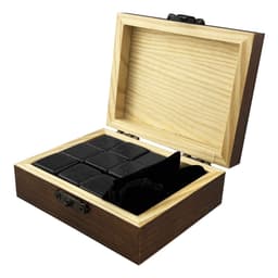 A wooden box containing nine black stone whiskey ice cubes and a velvet pouch, designed for chilling drinks.
