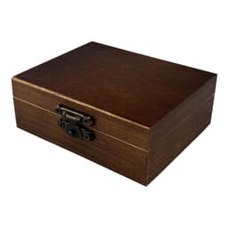 A wooden box with a dark finish, featuring a decorative clasp. The box is rectangular and has a polished appearance.