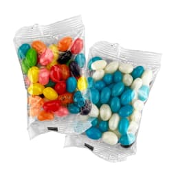 Two sealed bags of jelly beans featuring various colours, including orange, black, blue, and white.