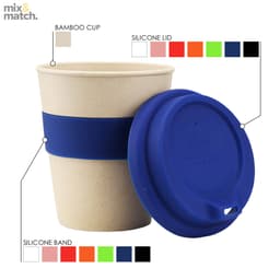 A bamboo cup with a navy silicone lid and band, featuring a simple design and eco-friendly materials.