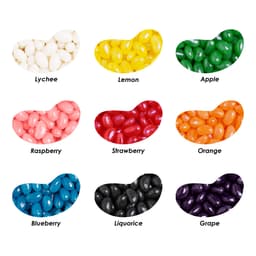 A collection of colourful jelly beans in various flavours, including lychee, lemon, apple, and grape. Each bean shaped like a kidney.