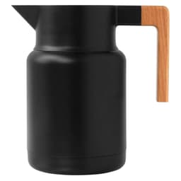 A drink bottle featuring a sleek black design with a wooden handle and a spout. It has a logo on the surface.