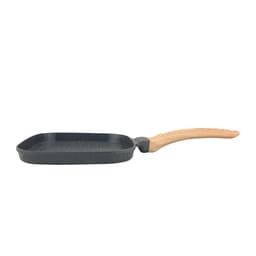 A square grill pan featuring a non-stick surface and a wooden handle, coloured in dark grey with a speckled finish.
