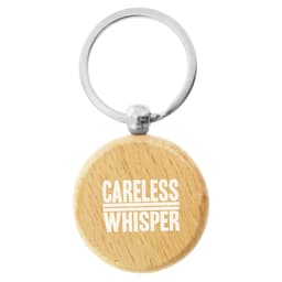 A wooden round key ring with a silver metal attachment, featuring a logo on one side.