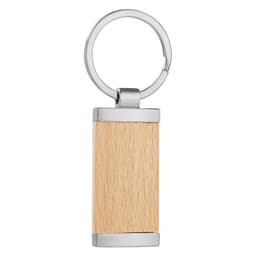 A wooden panel key ring with silver metal accents and a circular attachment.