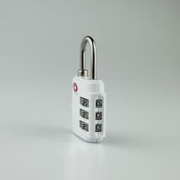 A portable white luggage lock with a silver shackle and a four-digit combination dial, featuring a logo.