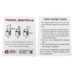 A portable luggage TSA lock with a shackle and dials, accompanied by instructional cards. The lock is silver.