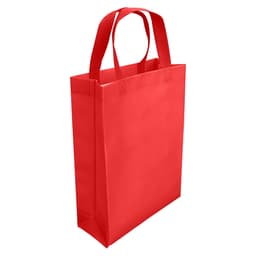 A vibrant red laminated non-woven trade show bag with sturdy handles and a sleek design.
