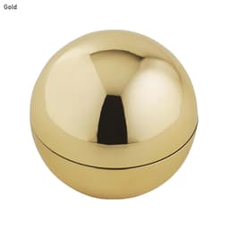 A shiny gold lip balm container in a spherical shape, featuring a smooth surface and a hinge.