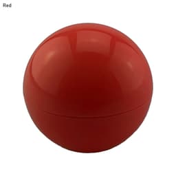 A round, red lip balm container with a glossy finish and a logo on the surface.