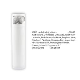 A white lip balm tube with a cylindrical shape, featuring a logo and ingredient list on the side.