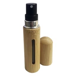 A mini bamboo atomiser in natural bamboo colour with a black spray nozzle and a removable cap.
