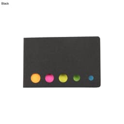 A black sticky note pad with a design featuring colourful dots in orange, pink, yellow, green, and blue.