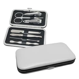 A silver and black manicure set with various tools, including nail clippers, scissors, and tweezers, in a sleek case.