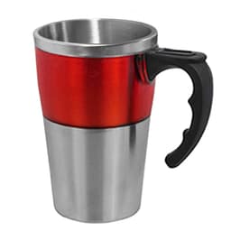 A travel mug with a shiny red exterior and a stainless steel base, featuring a black handle and a logo.