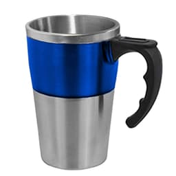 A travel mug featuring a stainless steel lower section and a vibrant blue upper section, with a black handle and a logo.