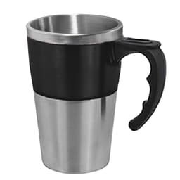 A travel mug featuring a stainless steel base and a black plastic upper section, with a sturdy handle and logo.