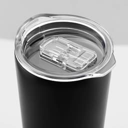 A travel mug in matte black with a clear, flip-top lid featuring a sliding closure.
