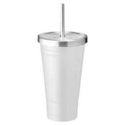 A drink bottle featuring a white plastic tumbler with a silver stainless-steel lid and straw.