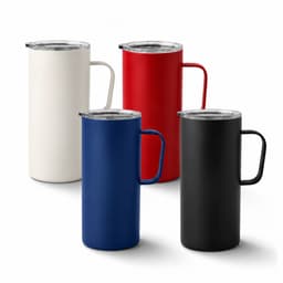 A drink bottle collection featuring four travel mugs in white, red, blue, and black, each with a handle and lid.