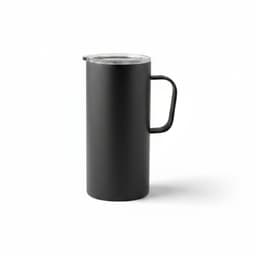 A black travel mug with a transparent lid and handle, suitable for hot or cold beverages.