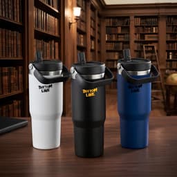 A travel mug set featuring white, black, and blue designs, each with a handle and screw-top lid, displaying a logo.