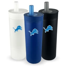 A drink bottle set featuring three vacuum tumblers in white, blue, and black, each with a logo.