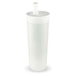 A drink bottle in a sleek white design, featuring a removable lid with a spout and a simple logo.