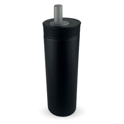 A drink bottle in matte black with a silver lid and a logo on the side.