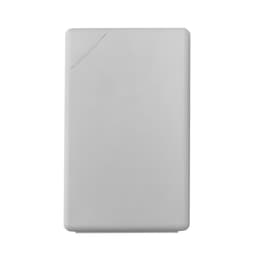 A white rectangular card with rounded edges, featuring a slight diagonal line on one side. It also has a branding logo.